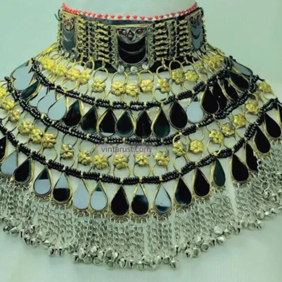 Black Kuchi Choker Afghan Necklace, Tribal Handmade Bib Style Necklace - Picture 9 of 10